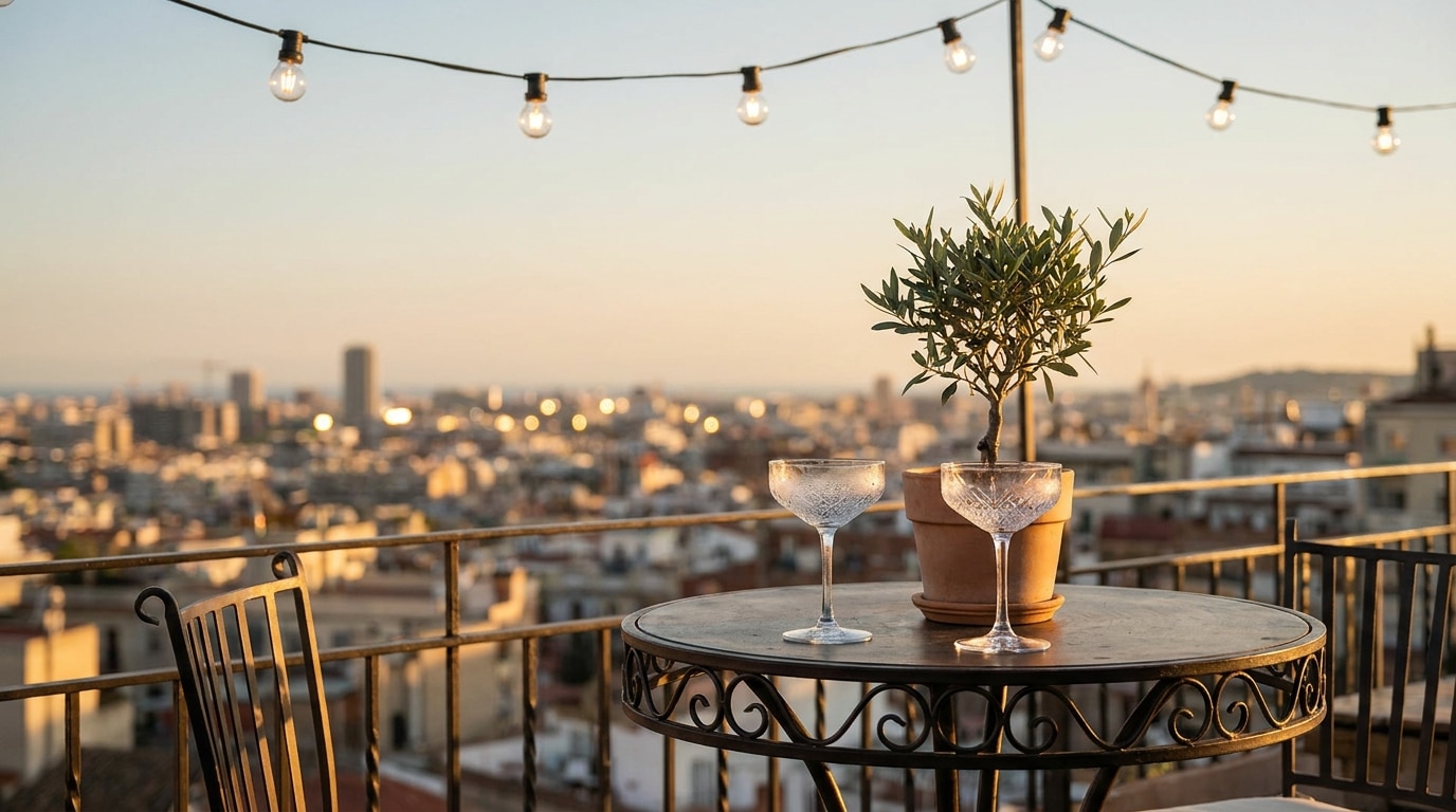 Terrasse au crépuscule avec verres vides et guirlandes lumineuses