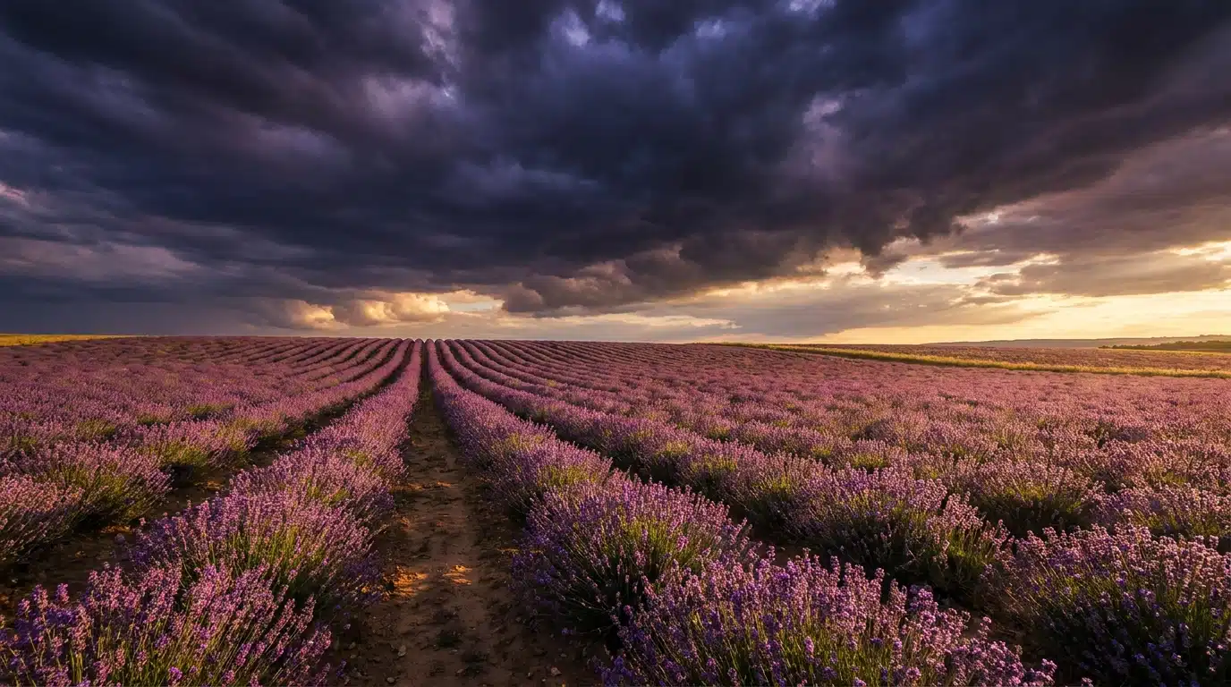 Ciel orageux et lumière dorée au-dessus d'un champ de lavande