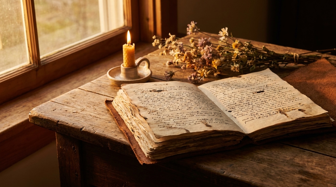 Journal ancien ouvert sur une table en bois avec bougie
