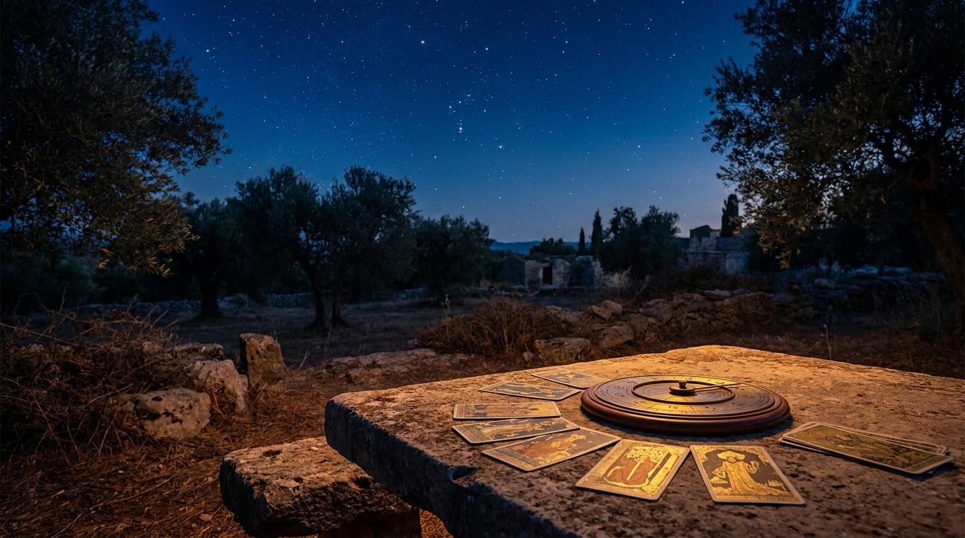 Ciel étoilé au-dessus d'une table avec roue astrologique