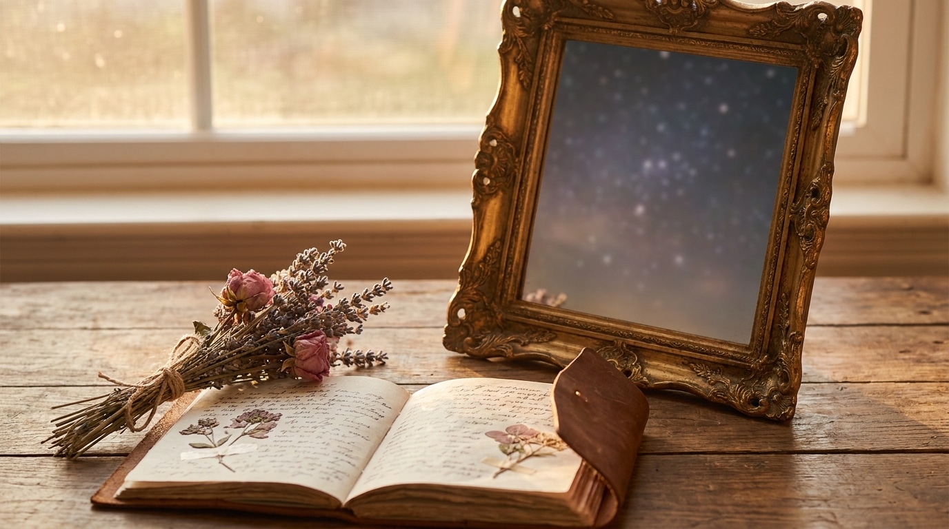 Miroir ancien reflétant un ciel nocturne sur un bureau