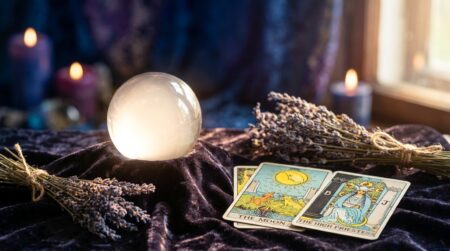 Boule de cristal posée sur du velours avec cartes de tarot