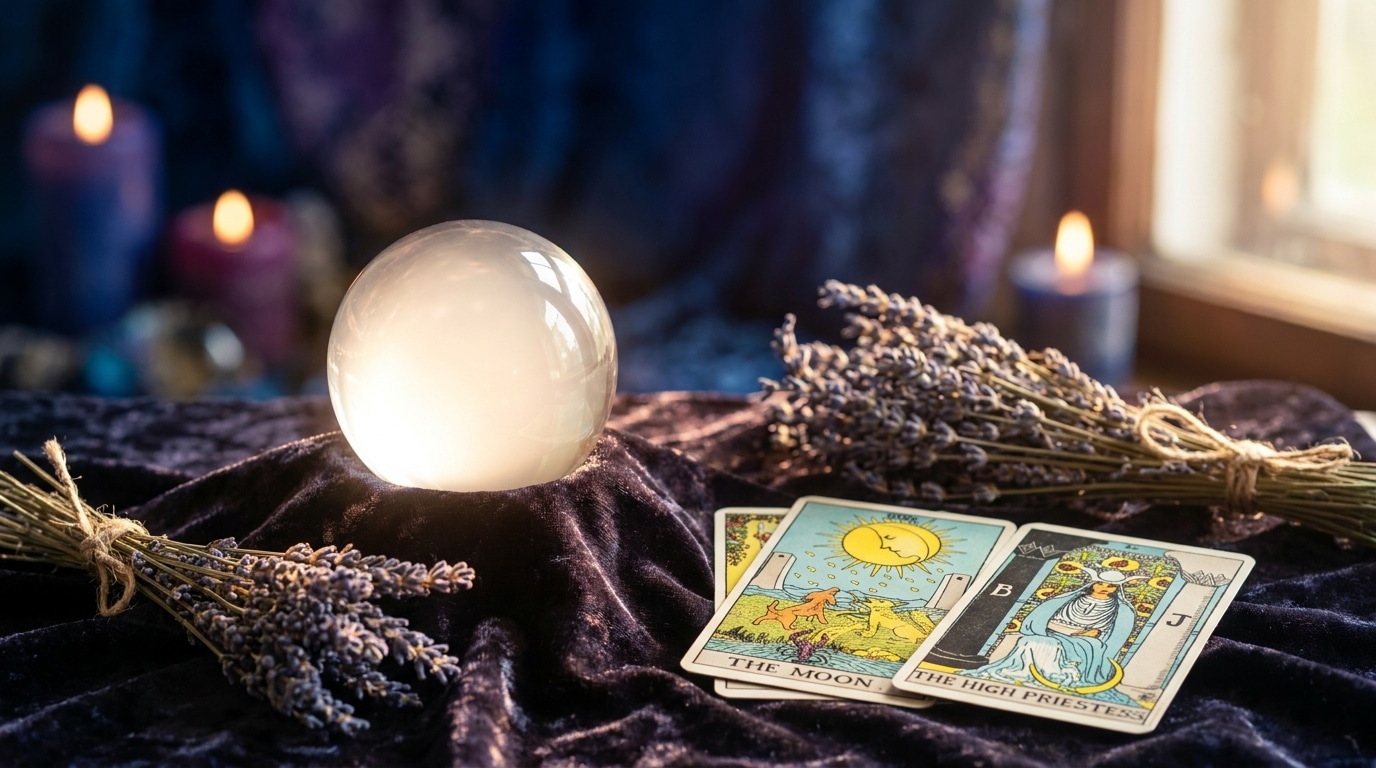 Boule de cristal posée sur du velours avec cartes de tarot