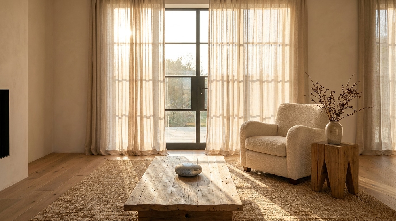 Salon épuré avec éléments en bois brut et lumière dorée