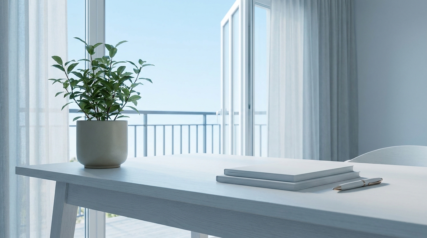 Bureau minimaliste blanc près d'un balcon ouvert sur le ciel