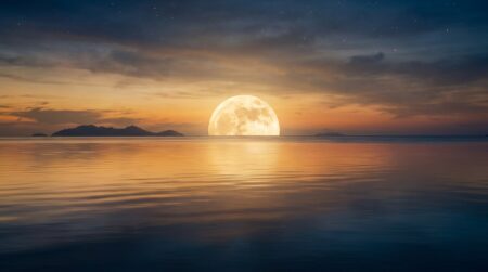 Pleine lune se levant au-dessus de l'océan au crépuscule