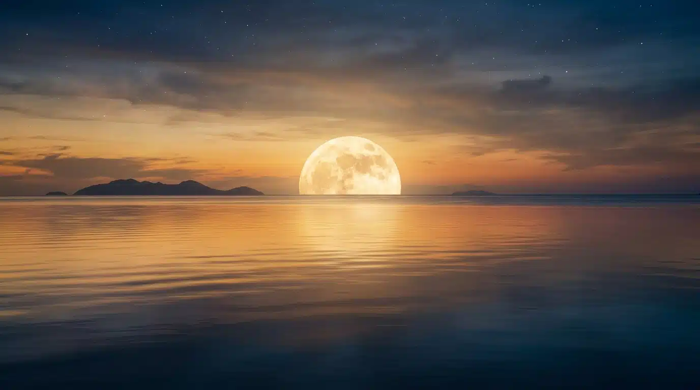 Pleine lune se levant au-dessus de l'océan au crépuscule