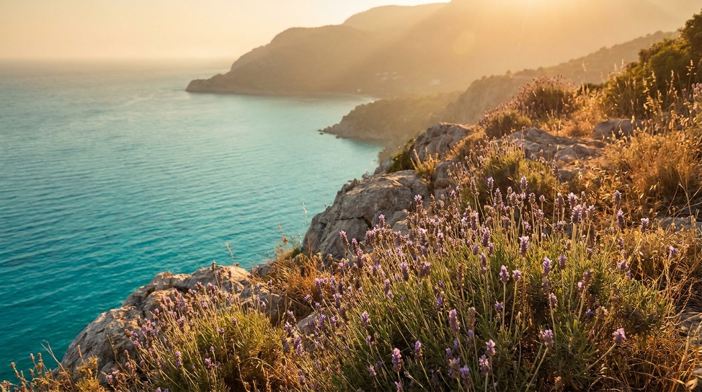 Coucher de soleil doré sur une mer turquoise en été