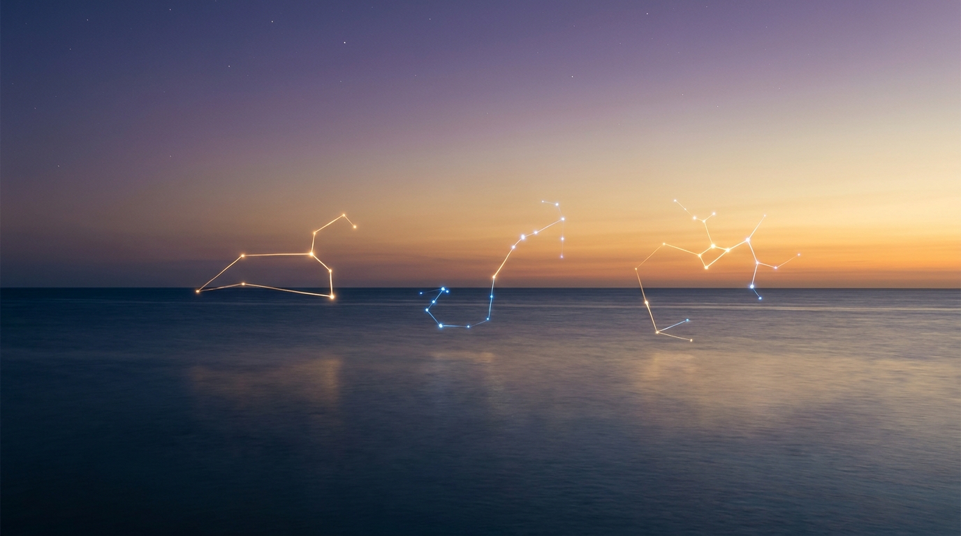 Constellations lumineuses au-dessus de l'océan au crépuscule