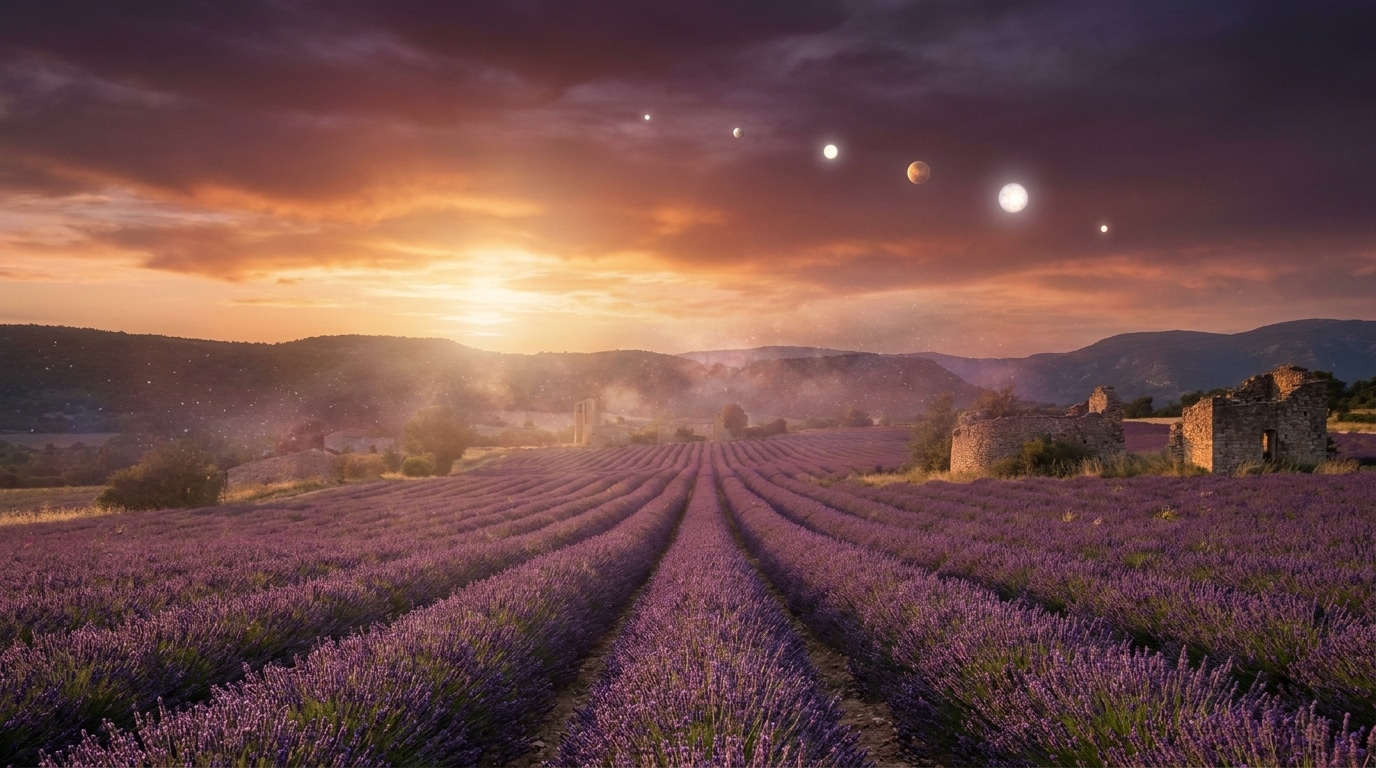Ciel doré avec étoiles alignées au-dessus d'un champ de lavande