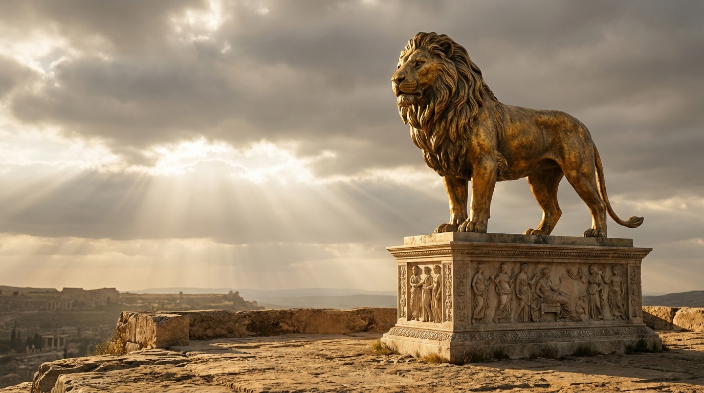 Statue de lion dorée baignée de lumière solaire