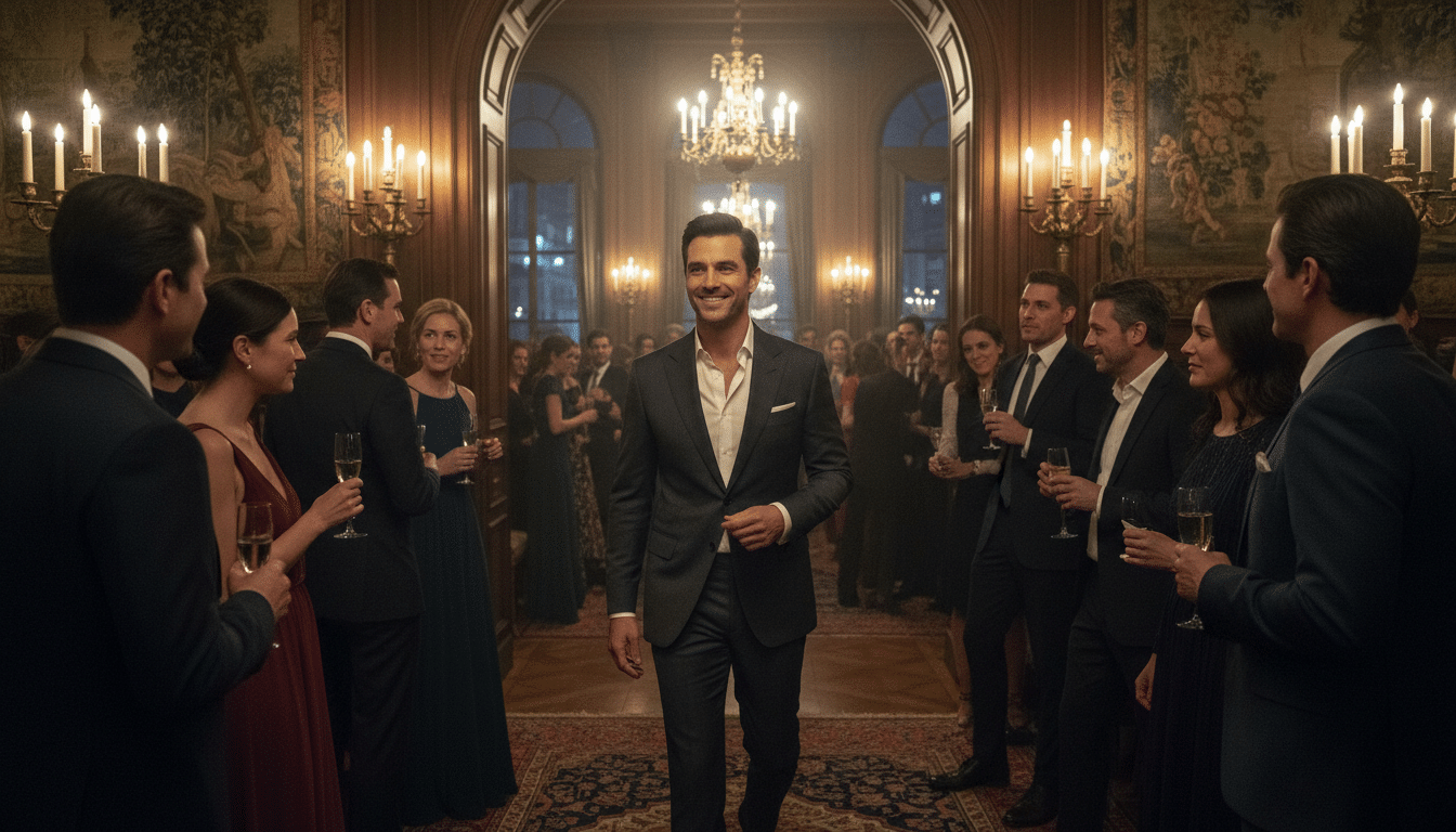 Homme charismatique entrant dans une pièce avec assurance