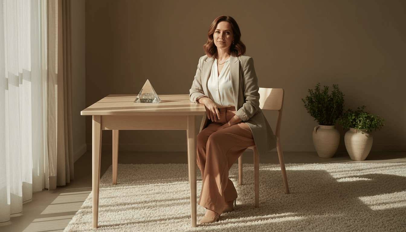Femme calme à un bureau minimaliste dégageant autorité