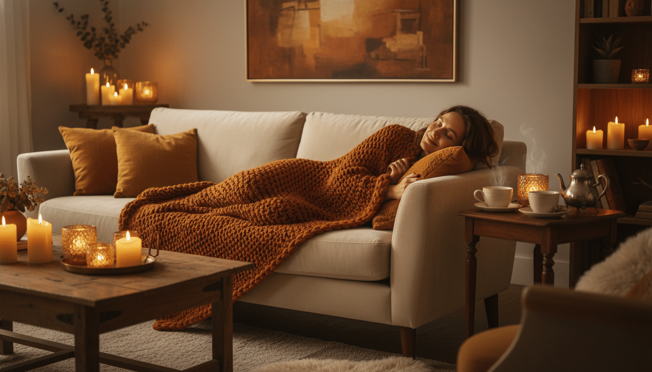 Personne confortablement installée dans un salon chaleureux