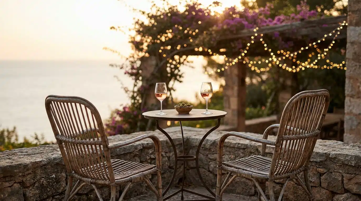 Terrasse méditerranéenne au crépuscule avec deux verres de rosé