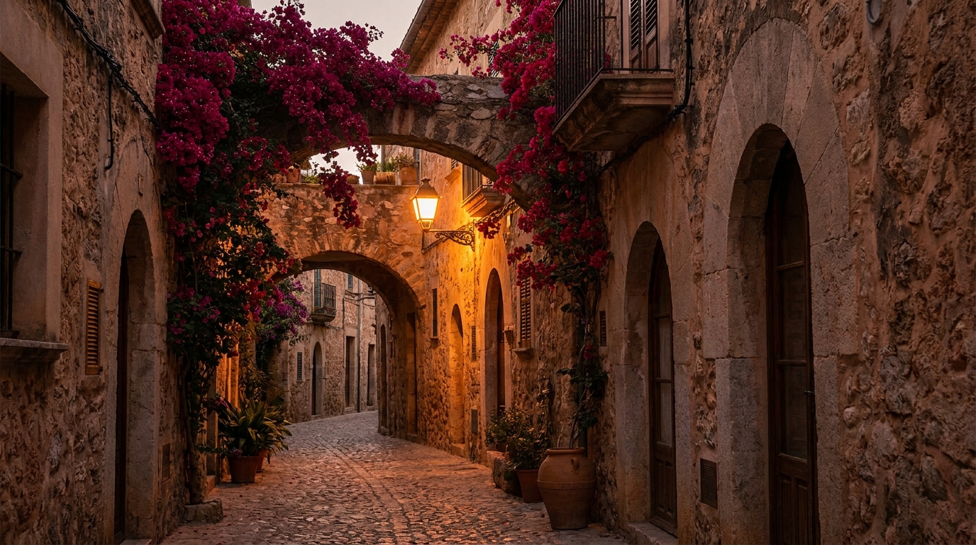 Ruelle pavée illuminée par une lanterne sous des bougainvilliers