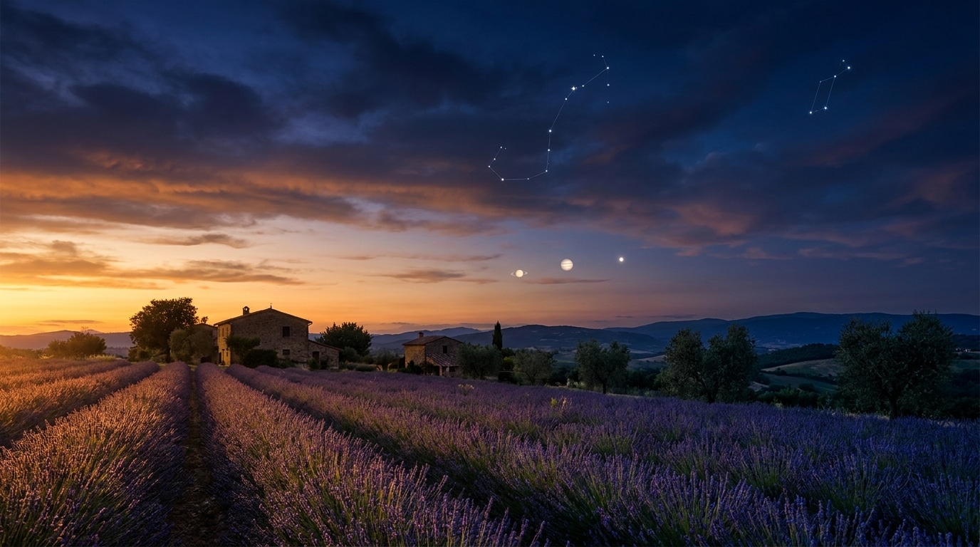 Ciel étoilé d'été au-dessus d'un paysage méditerranéen