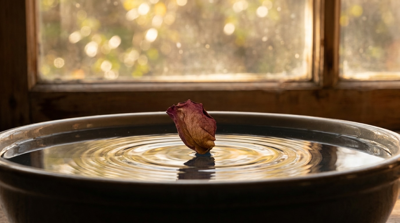 Pétale de rose séché tombant sur une surface d'eau calme