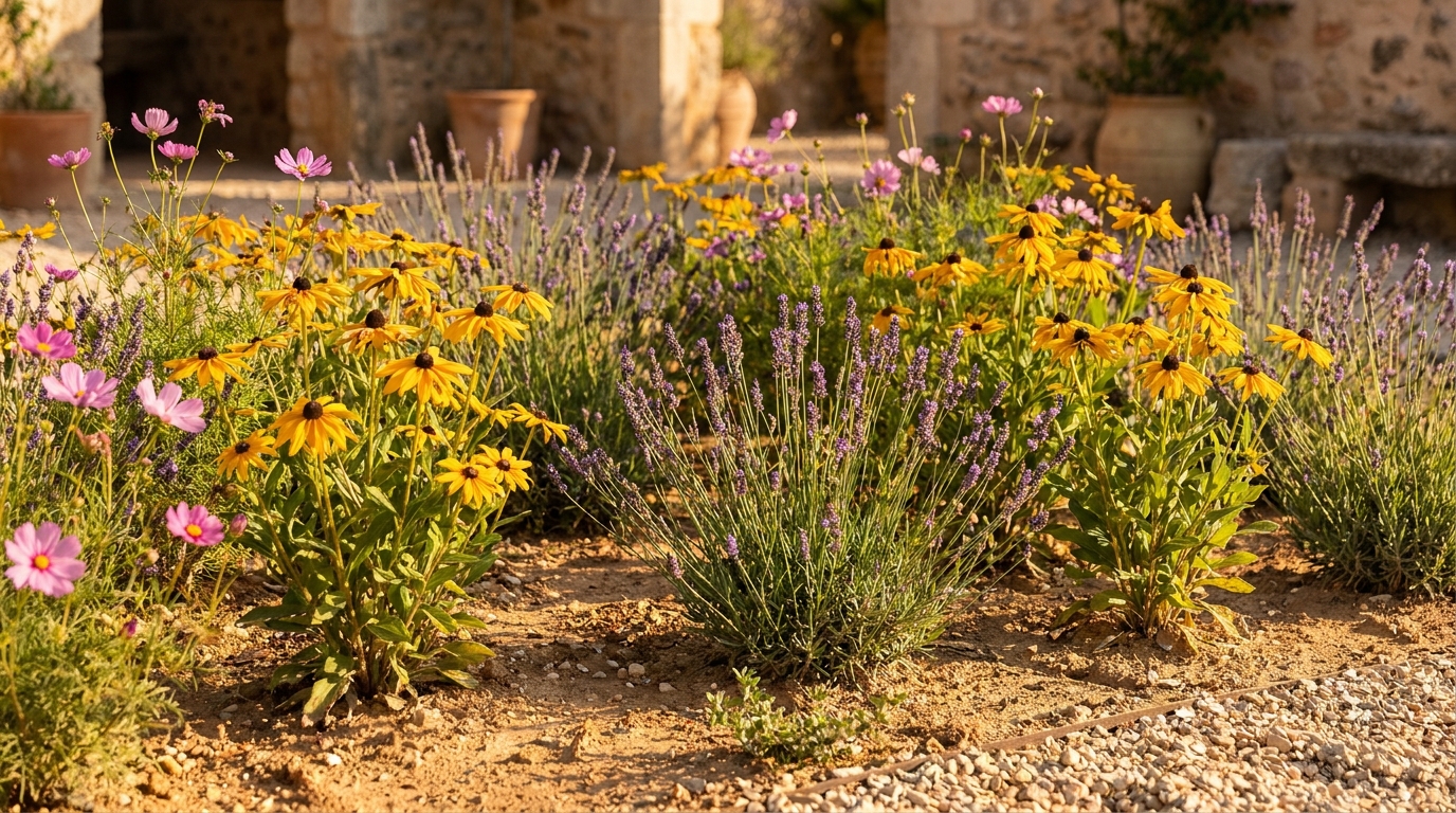 Massif fleuri de rudbeckias lavandes et cosmos en sol sec