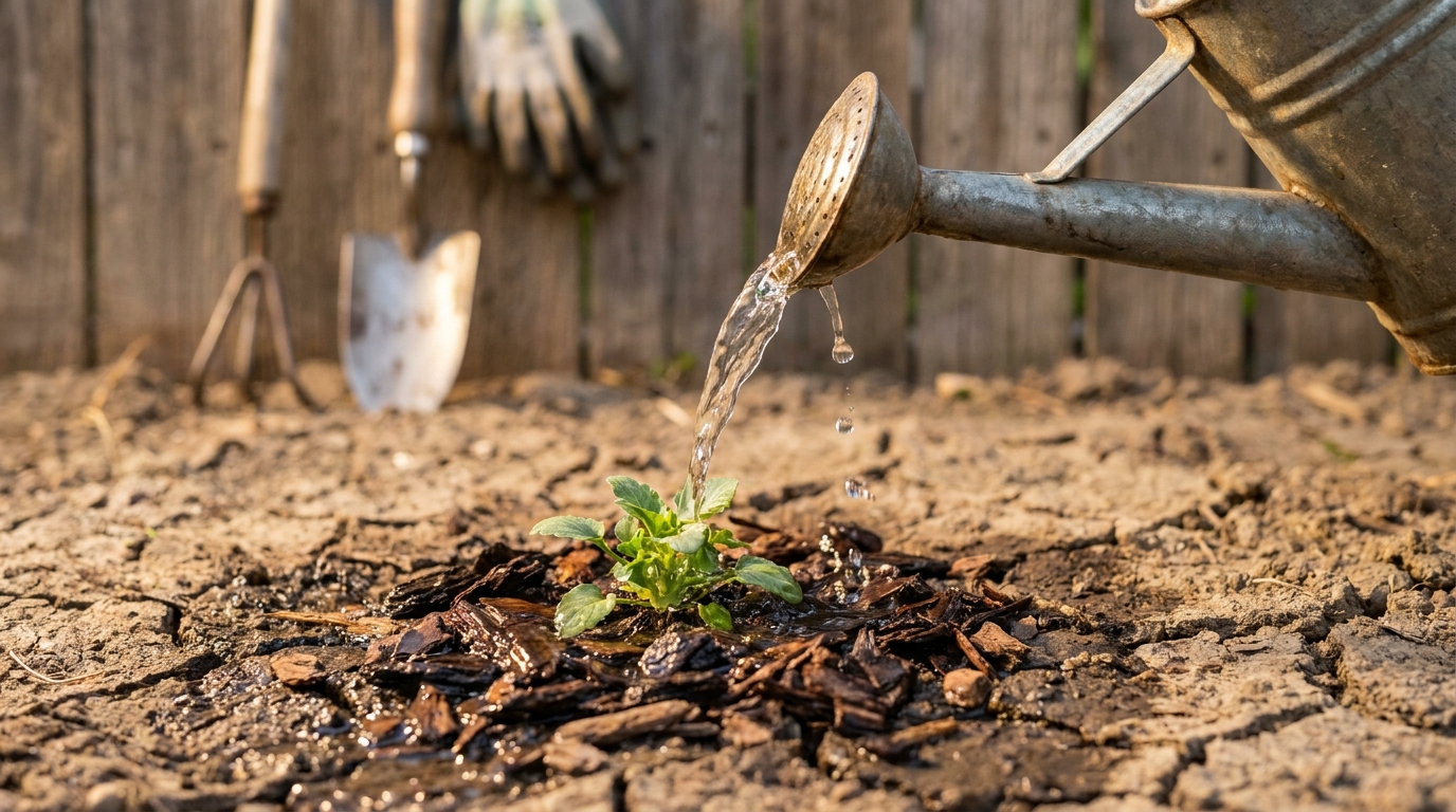 Arrosoir versant de l'eau sur un jeune plant fraîchement paillé