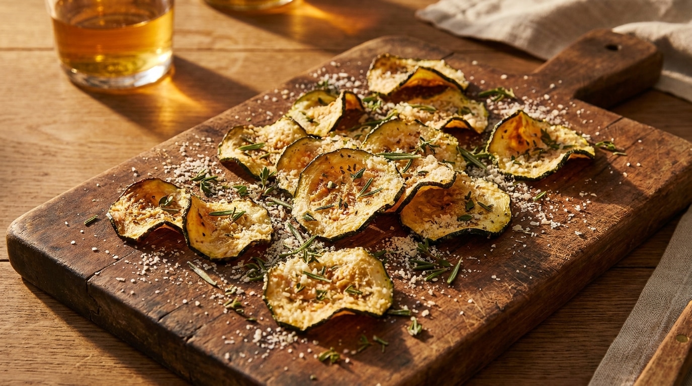 Chips de courgette dorées au parmesan sur planche en bois
