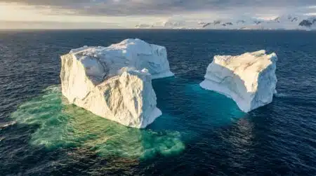 Deux icebergs dans l'océan Antarctique vus depuis la surface