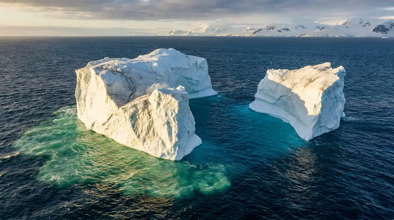 Deux icebergs dans l'océan Antarctique vus depuis la surface