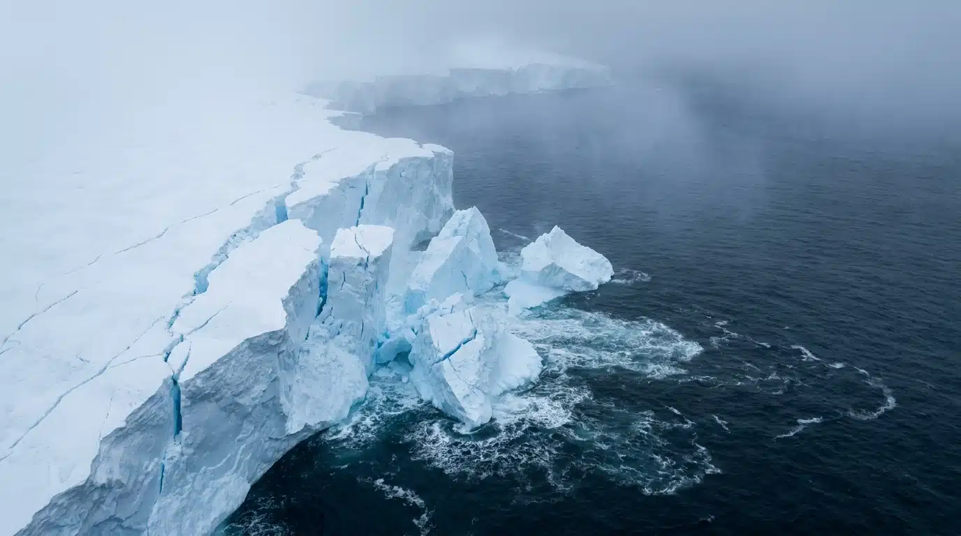 Bord d'une barrière de glace antarctique en cours de fragmentation