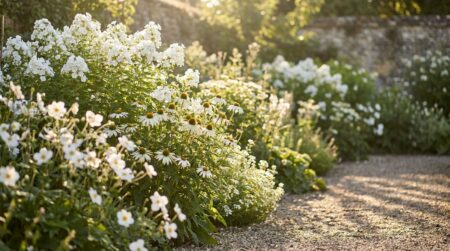 Massif de fleurs blanches variées baigné de lumière dorée