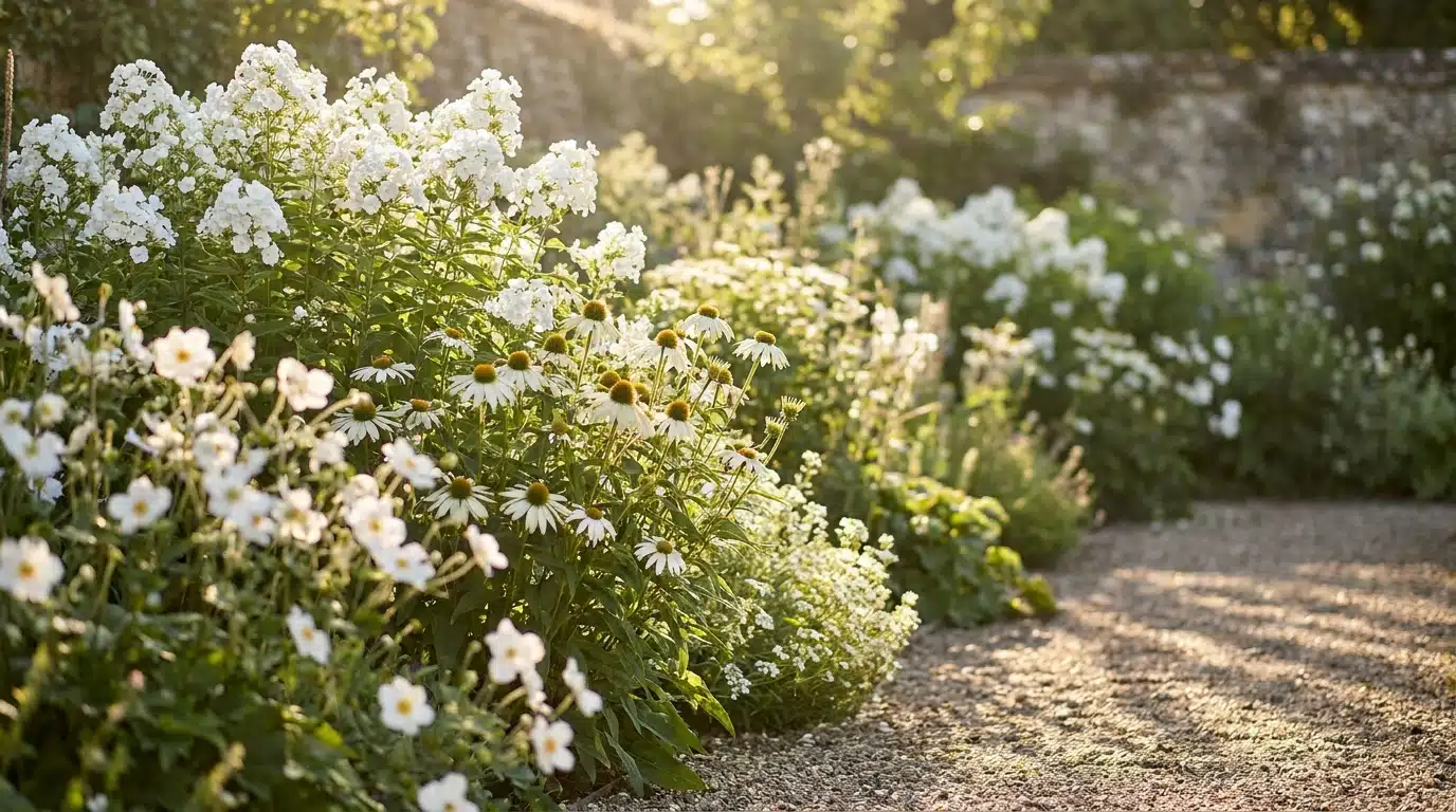 Massif de fleurs blanches variées baigné de lumière dorée