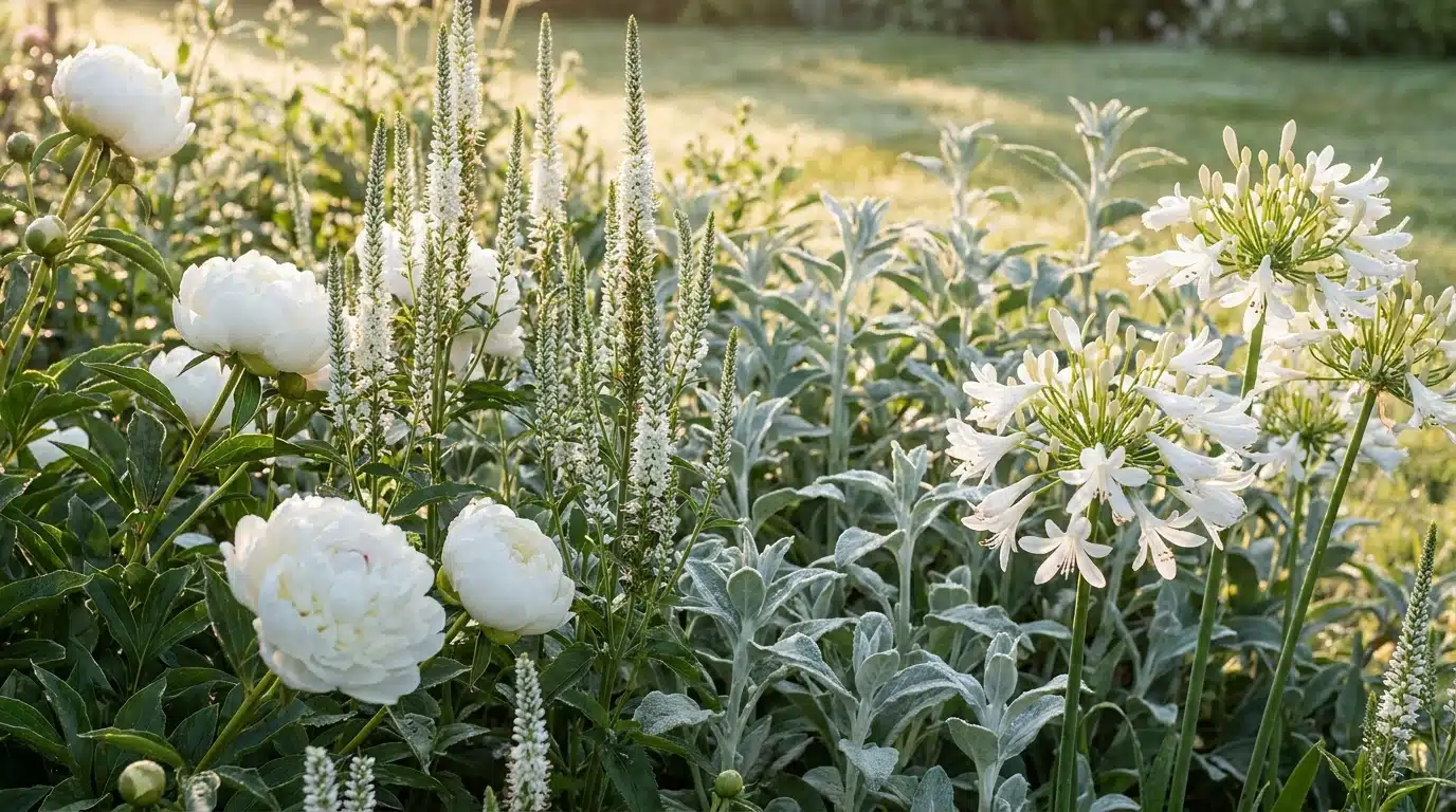 Gros plan sur des pivoines et véroniques blanches en massif mixte