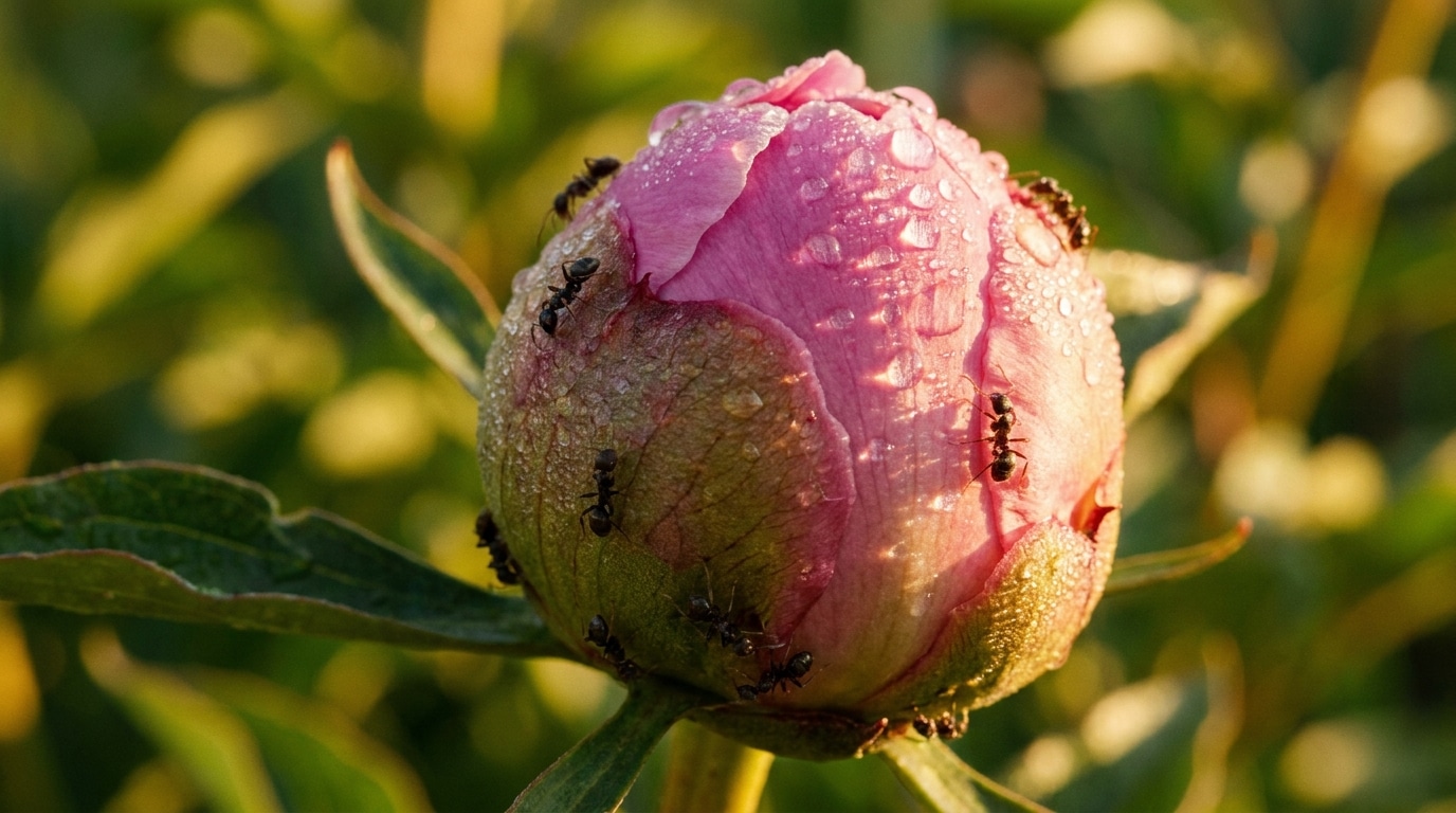 Fourmis noires sur un bourgeon de pivoine au jardin