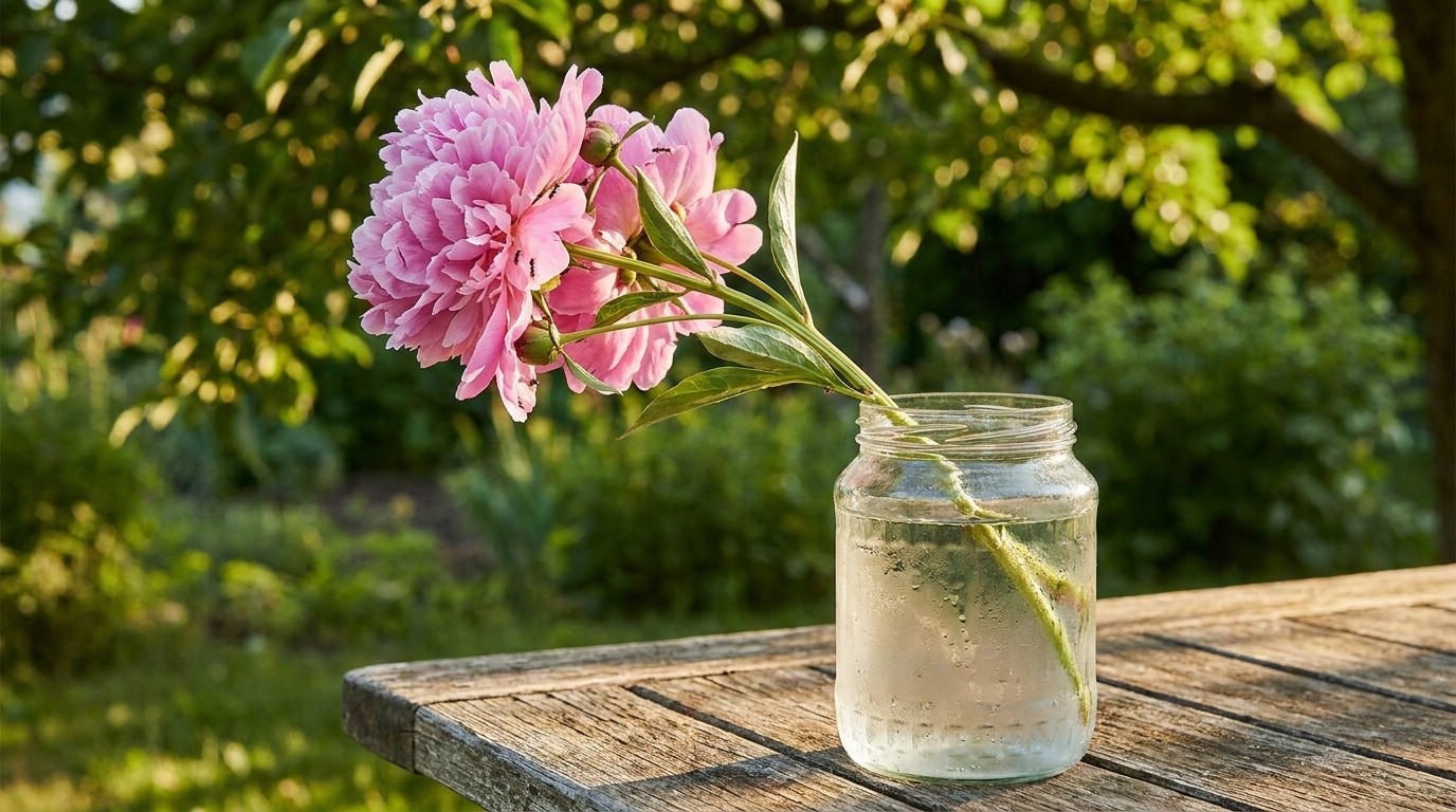 Pivoine coupée dans un vase d'eau froide à l'ombre