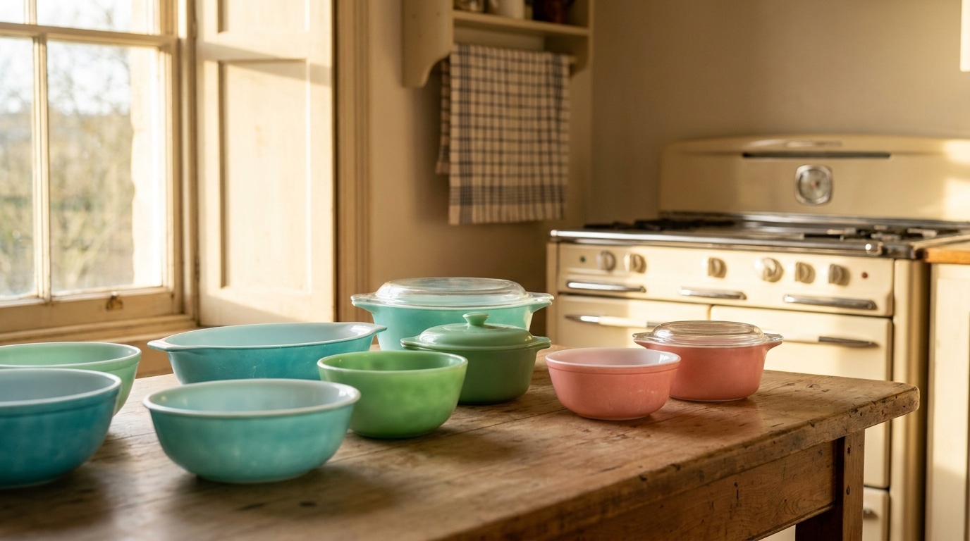 Collection de bols Pyrex vintage colorés sur table en bois
