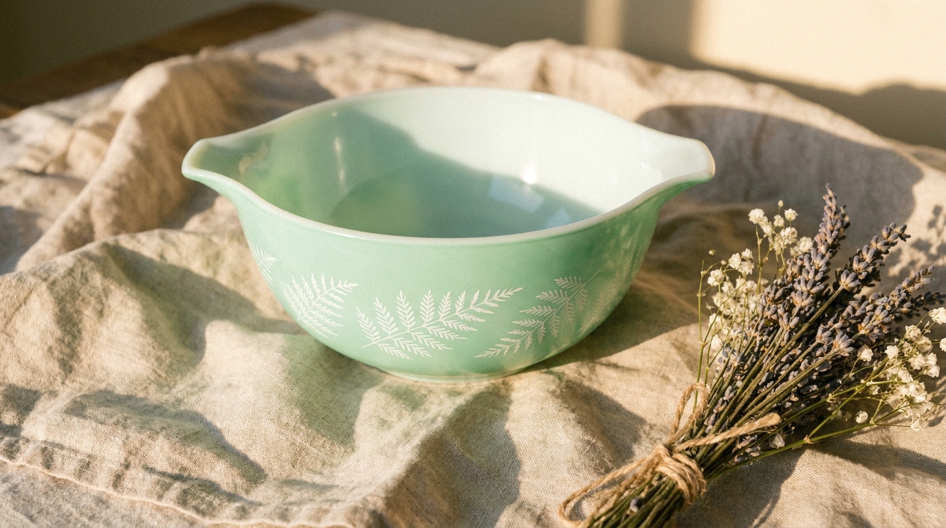 Bol Pyrex vert à motif fougère posé sur tissu en lin