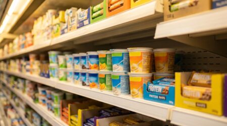 Rayon de supermarché rempli de yaourts et barres protéinés
