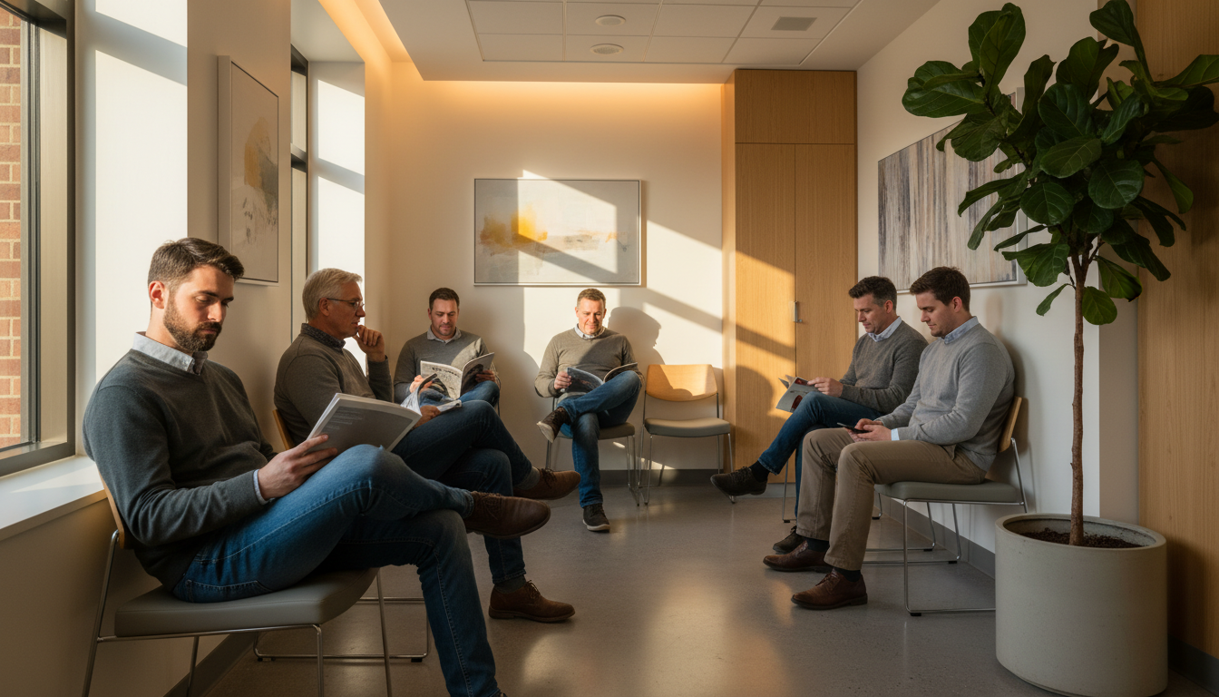 Hommes en salle d'attente d'un cabinet médical