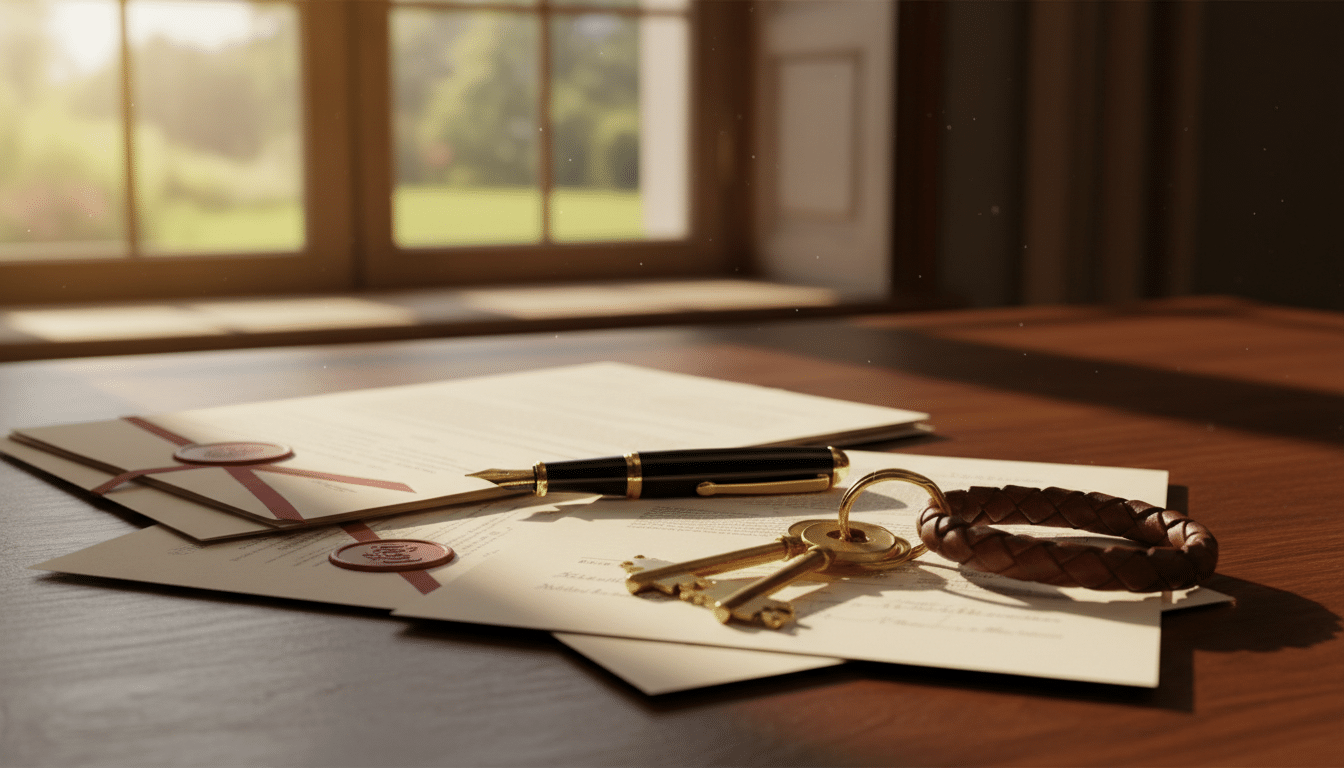 Documents de vente immobilière et clés sur un bureau de notaire