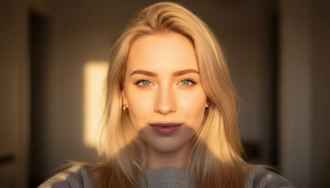 Jeune femme blonde aux yeux bleus style TikTok