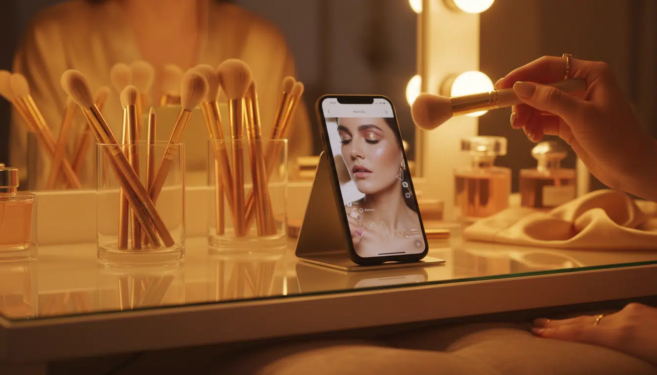 Table de maquillage avec produits et téléphone TikTok