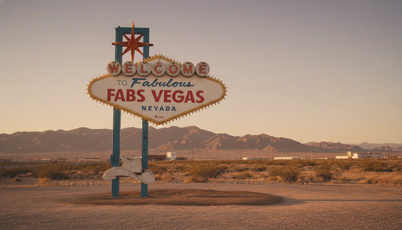 Panneau emblématique de Las Vegas à l'heure dorée, ambiance années 1970