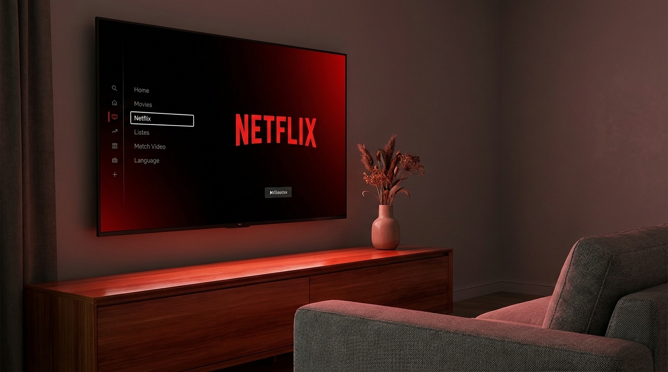 Écran télévision affichant une interface streaming dans un salon moderne avec reflet rouge