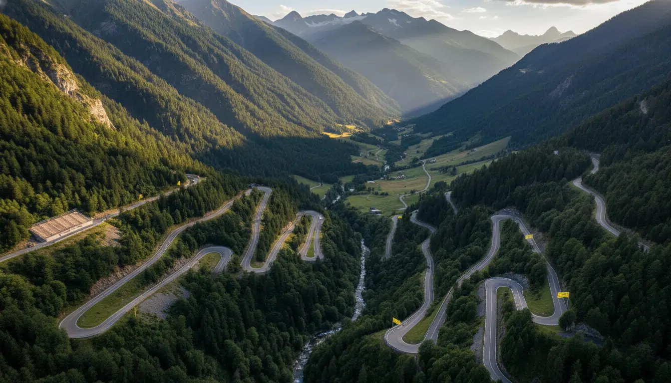 Vue aérienne d'une route de montagne sinueuse dans les Alpes françaises, évoquant le parcours du Tour de France