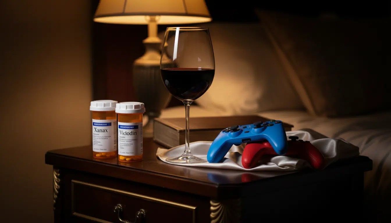 Médicaments et objets d'enfants sur une table de nuit luxueuse