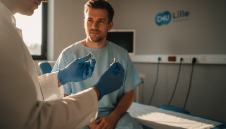 Médecin montrant un petit dispositif médical à un patient