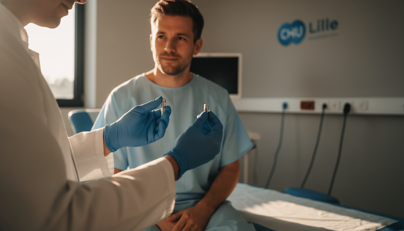 Médecin montrant un petit dispositif médical à un patient