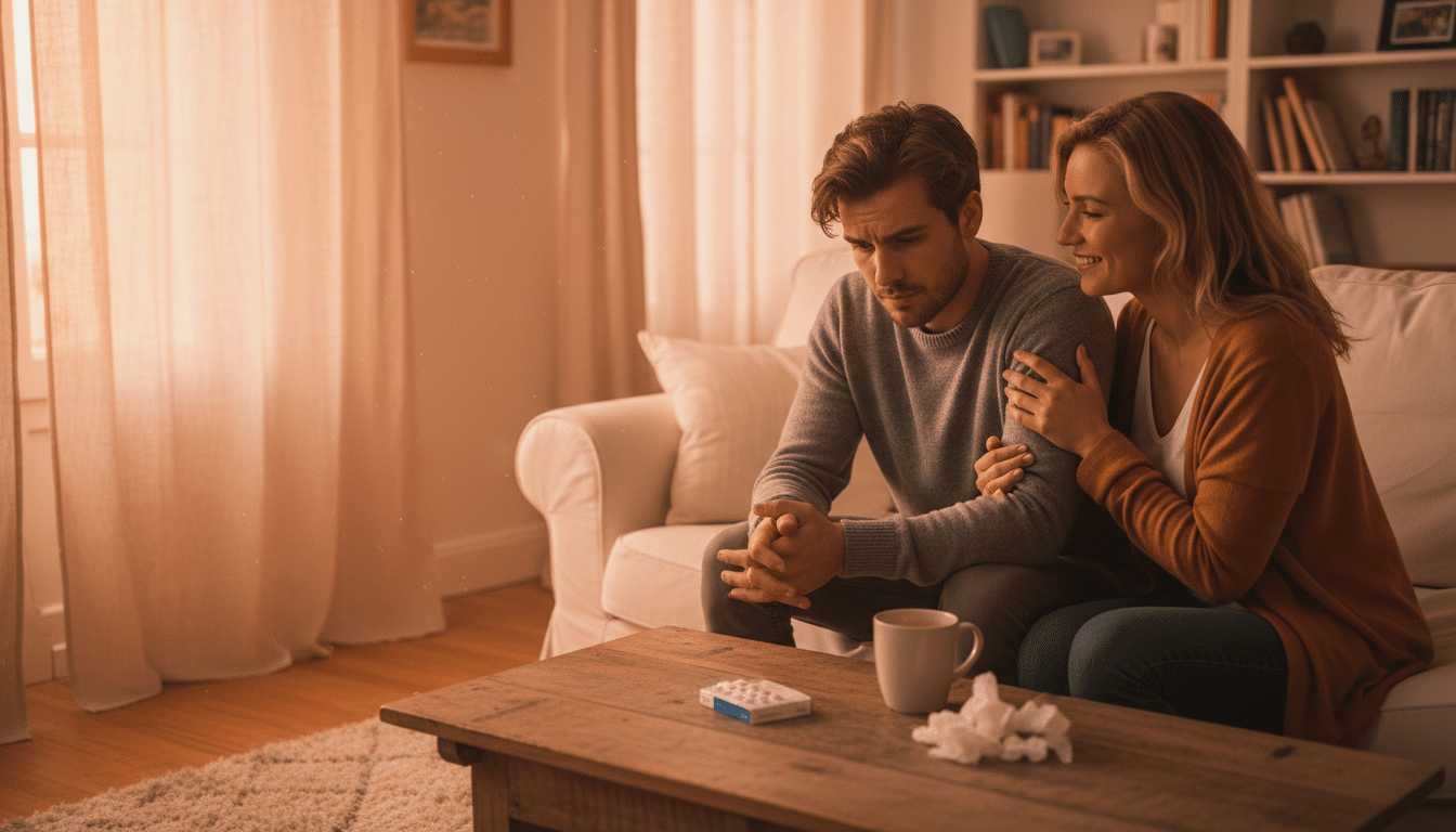 Couple discutant de contraception dans leur salon