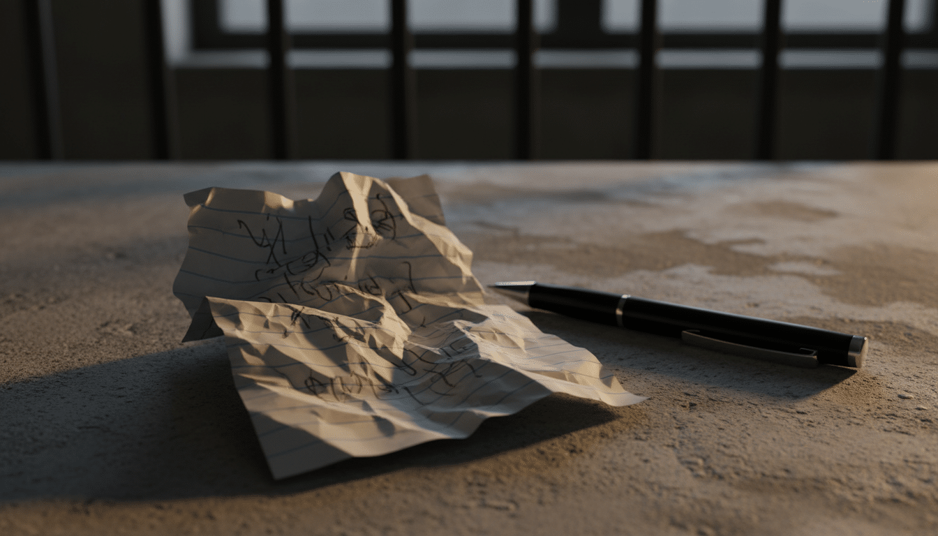 Note manuscrite sur du papier dans un environnement carcéral