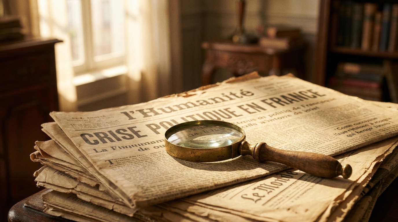 Loupe d'antiquaire posée sur des journaux français aux gros titres politiques