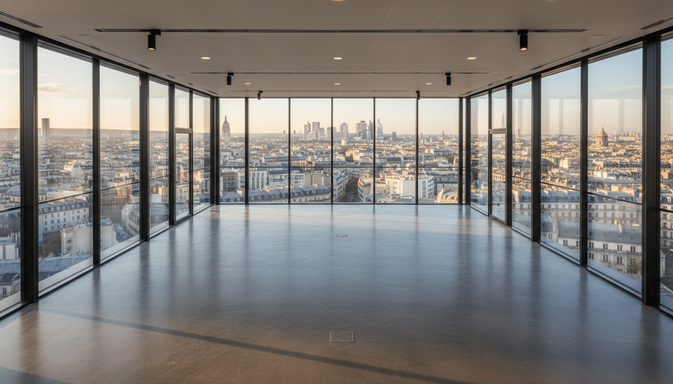 Un étage vide de la tour Montparnasse avec vue panoramique sur Paris